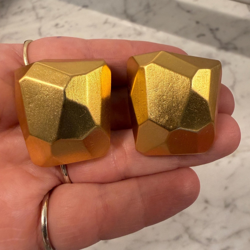 Anne Klein Chunky Matte Gold Modernist Gem Clip On Earrings HUGE